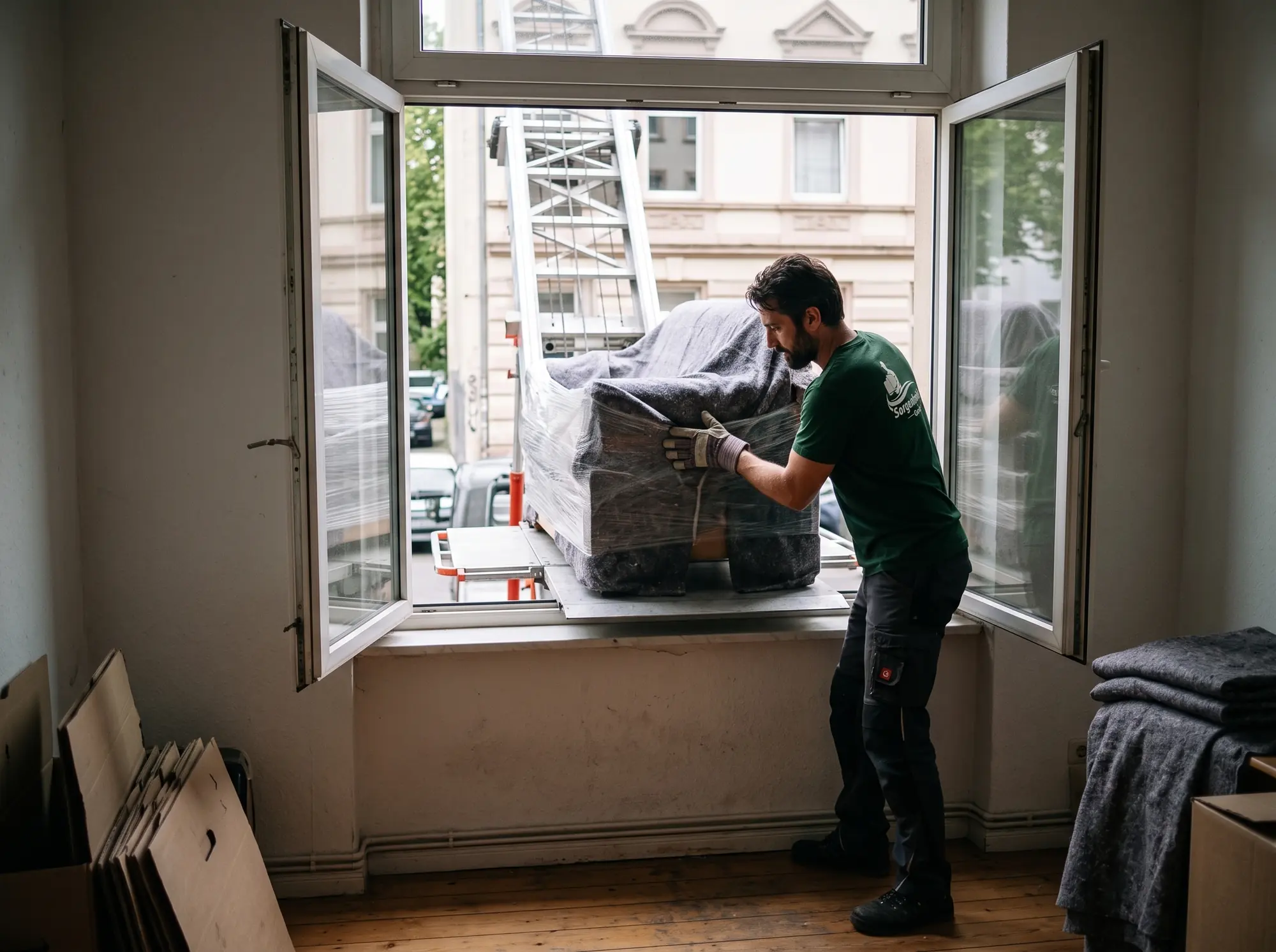 Außenlift: Sofa wird durch das Fenster transportiert