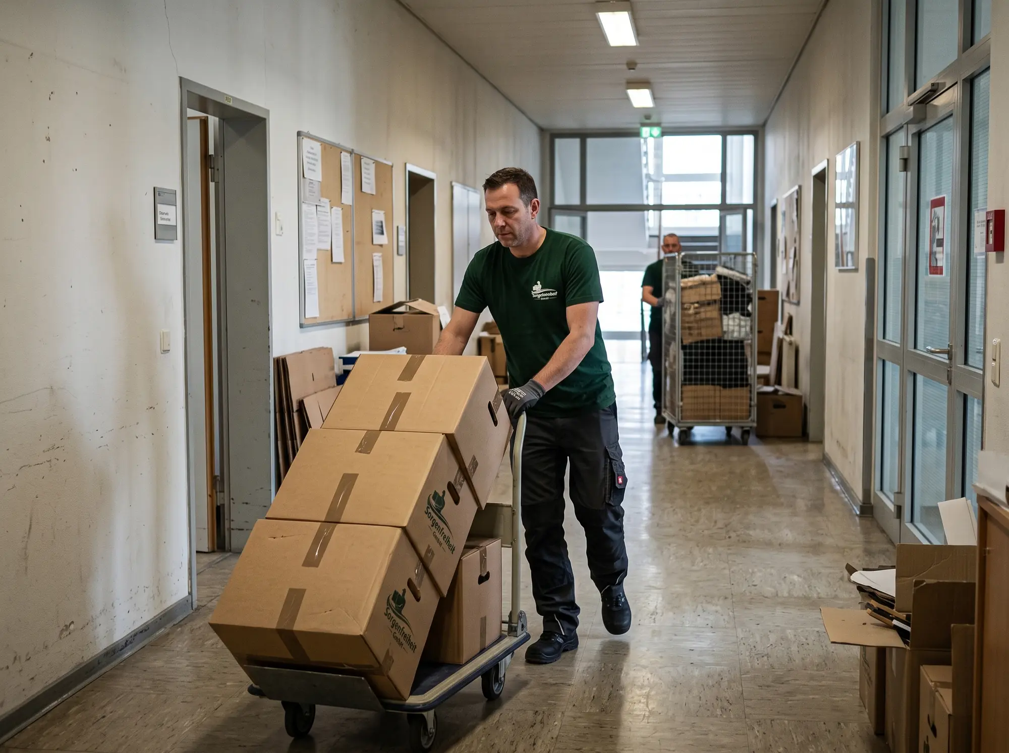 Behördenumzug: verschlossene Aktenbehälter auf Transportwagen im Flur einer Verwaltung