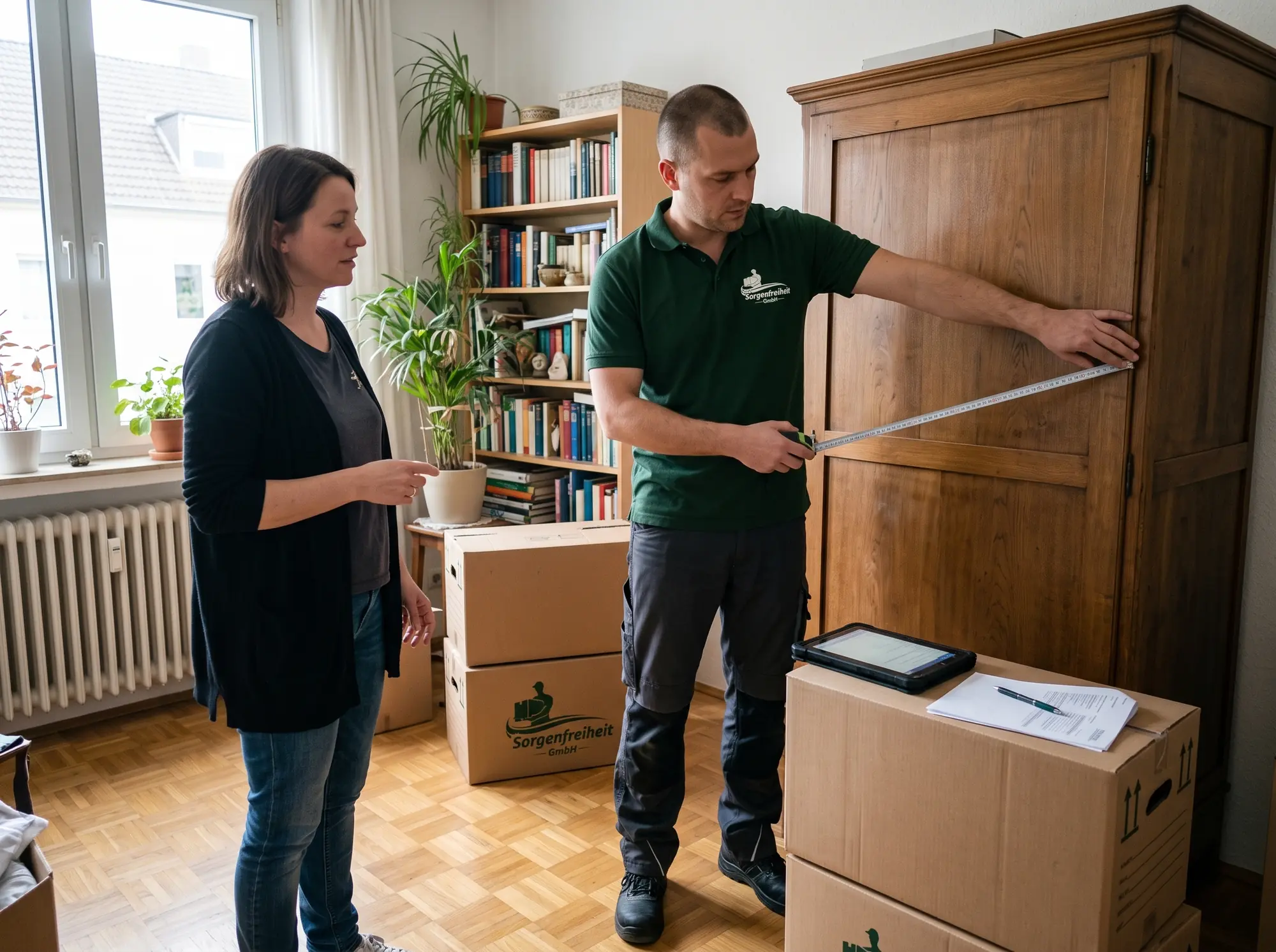 Kostenlose Besichtigung: Mitarbeiter der Sorgenfreiheit GmbH misst Möbel für das Umzugsangebot aus