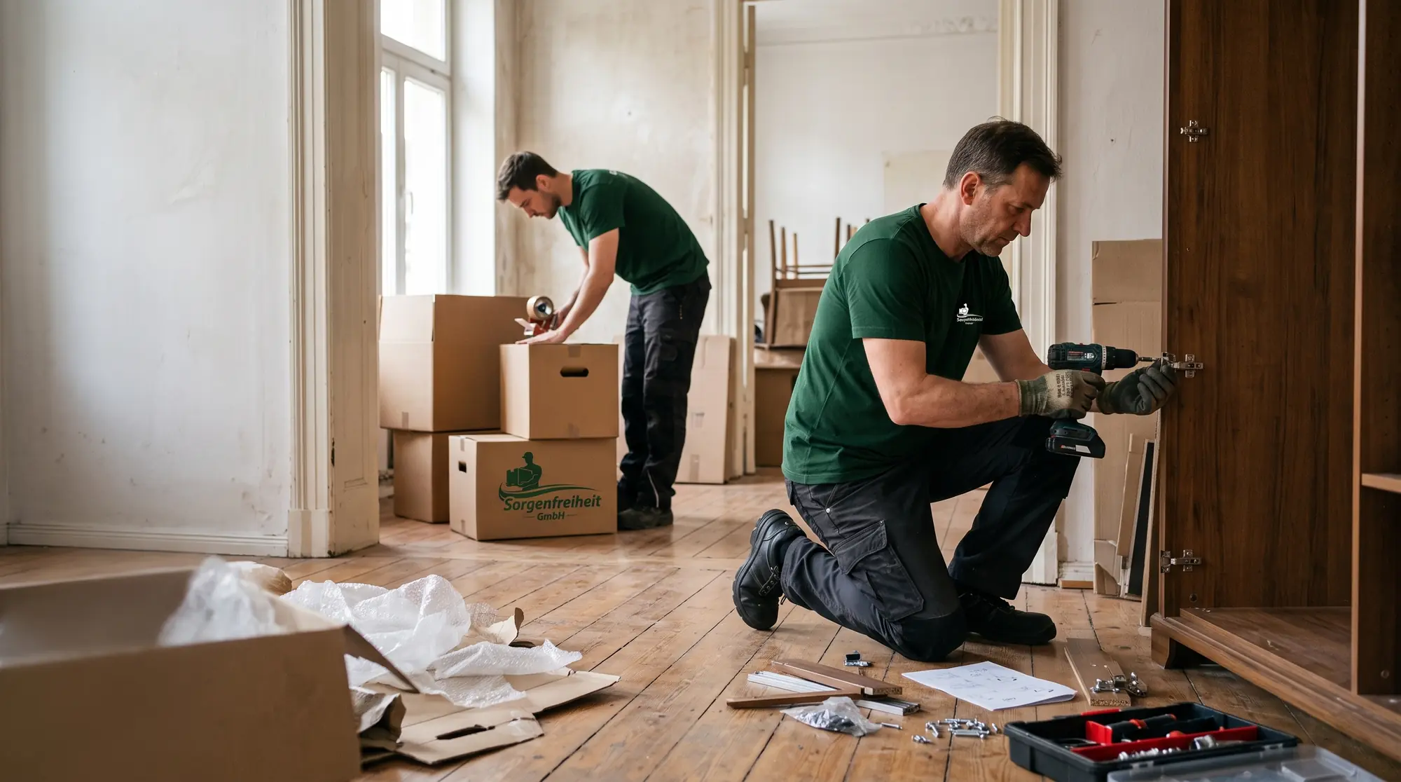 Mitarbeiter der Sorgenfreiheit GmbH bei Montage und Verpackung während eines Umzugs