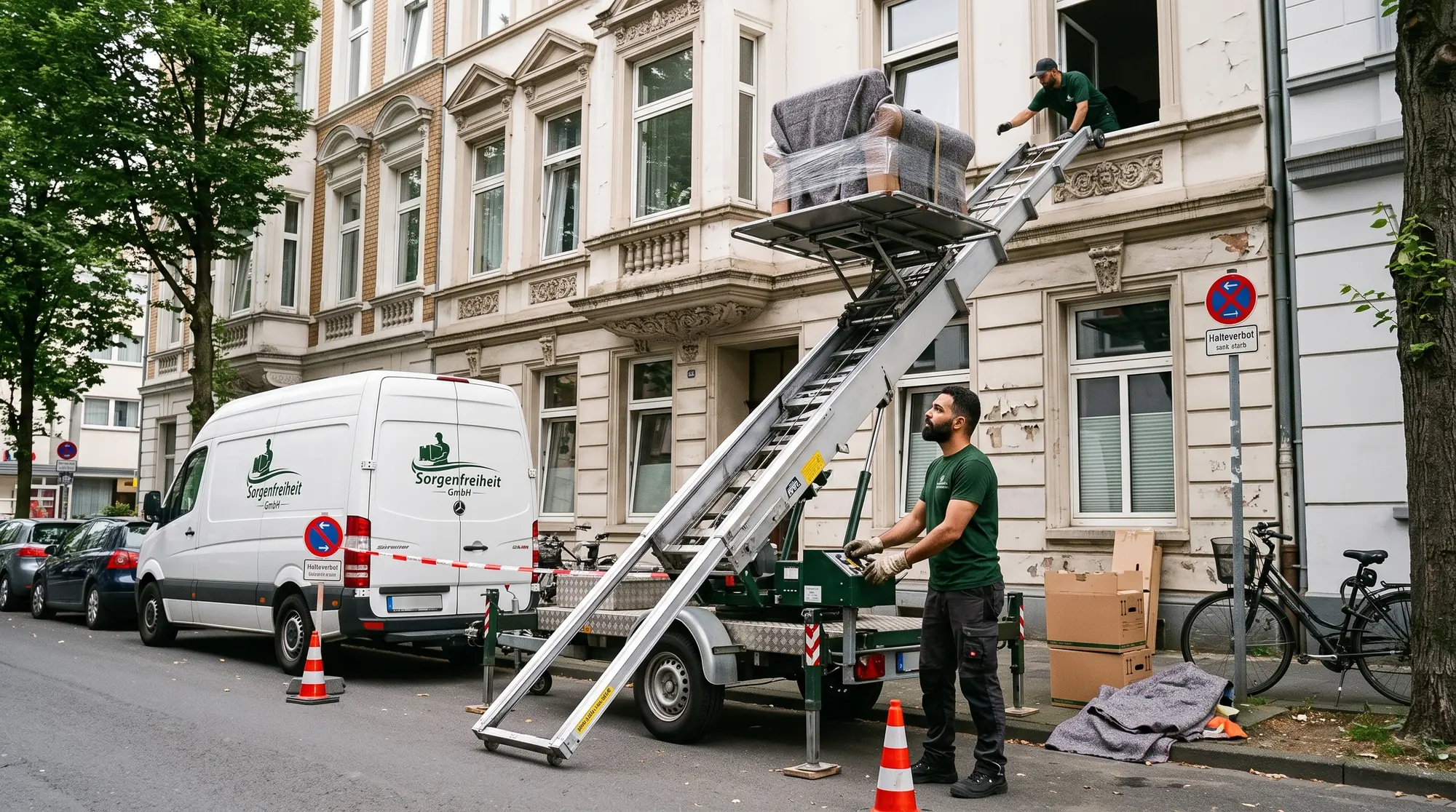 Möbellift der Sorgenfreiheit GmbH an einem Altbau in Köln