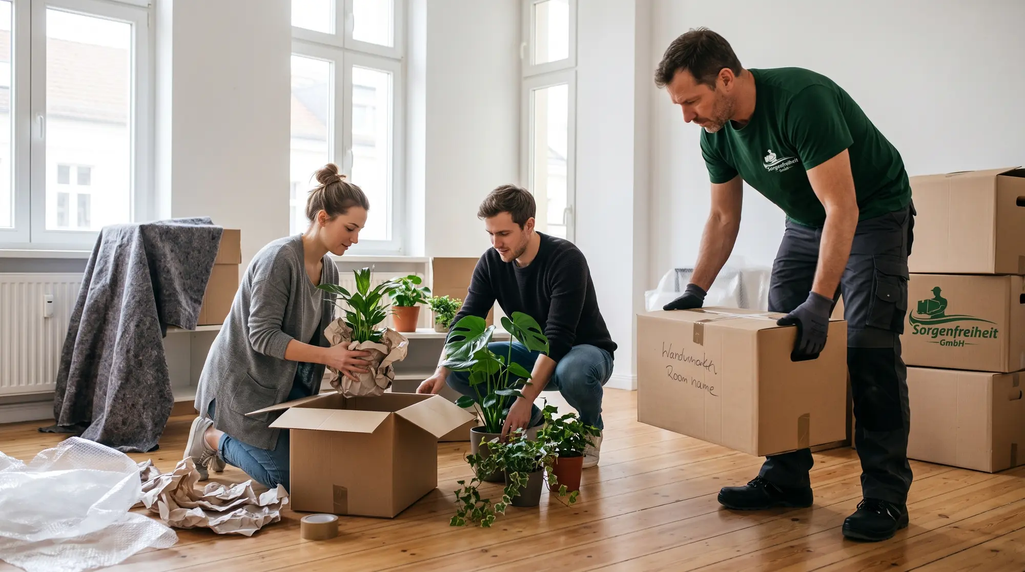 Privatumzug in Köln: Umzugshelfer der Sorgenfreiheit GmbH stellt Kartons in die neue Wohnung