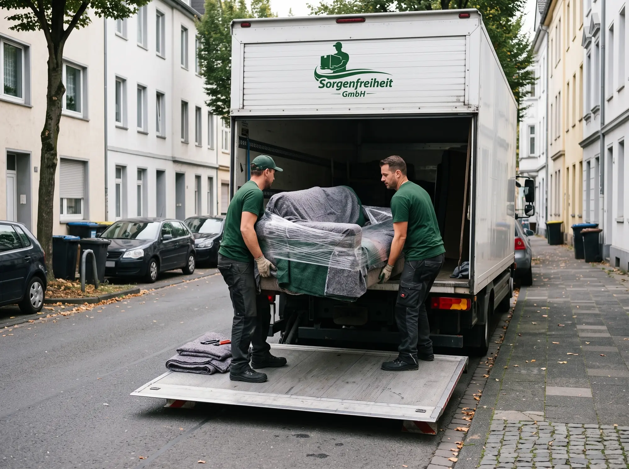 Umzugshelfer der Sorgenfreiheit GmbH beladen einen LKW über die Ladebordwand