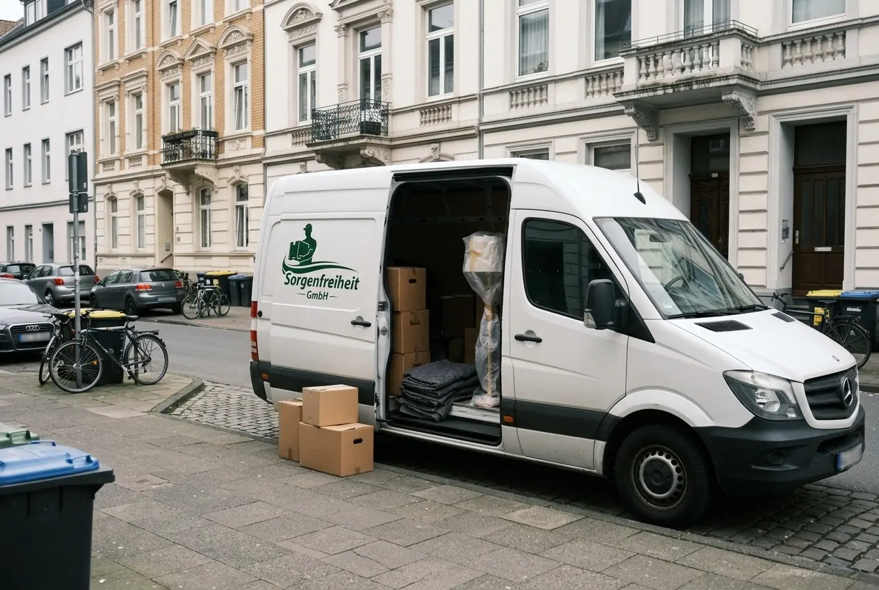 Transporter der Sorgenfreiheit GmbH vor einem Altbau