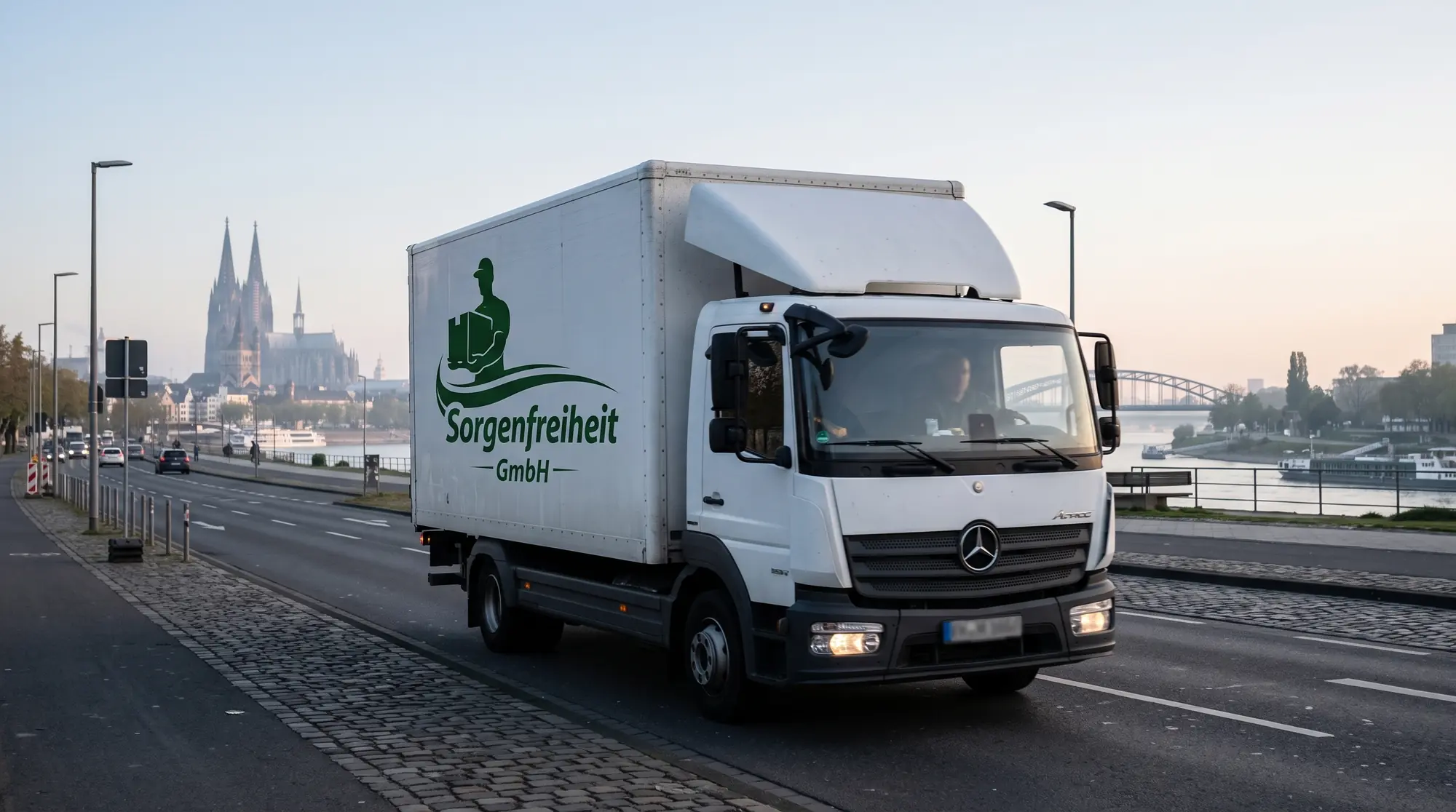 Umzugsunternehmen Köln: LKW der Sorgenfreiheit GmbH am Rhein